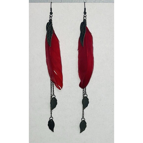Jewelry - Boho Red Feather Dangle Earrings Antique Bronze Leaf Chains Long Statement